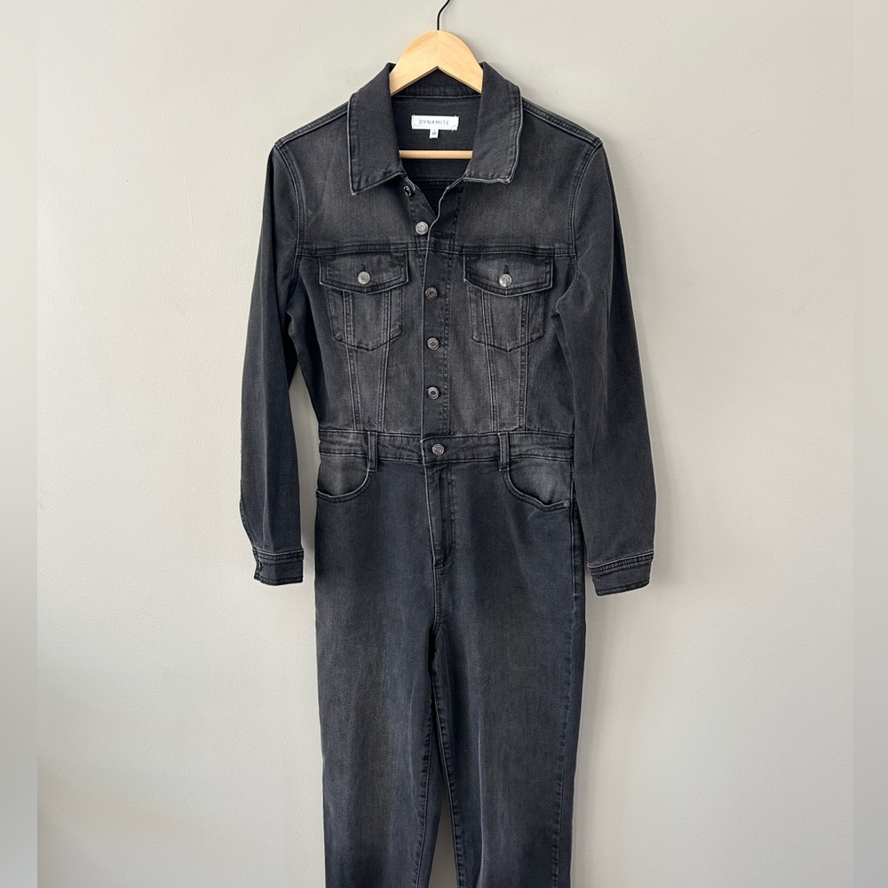 DYNAMITE Distressed Black Denim Long Sleeve Western Chic Straight Leg Jumpsuit - Picture 8 of 8